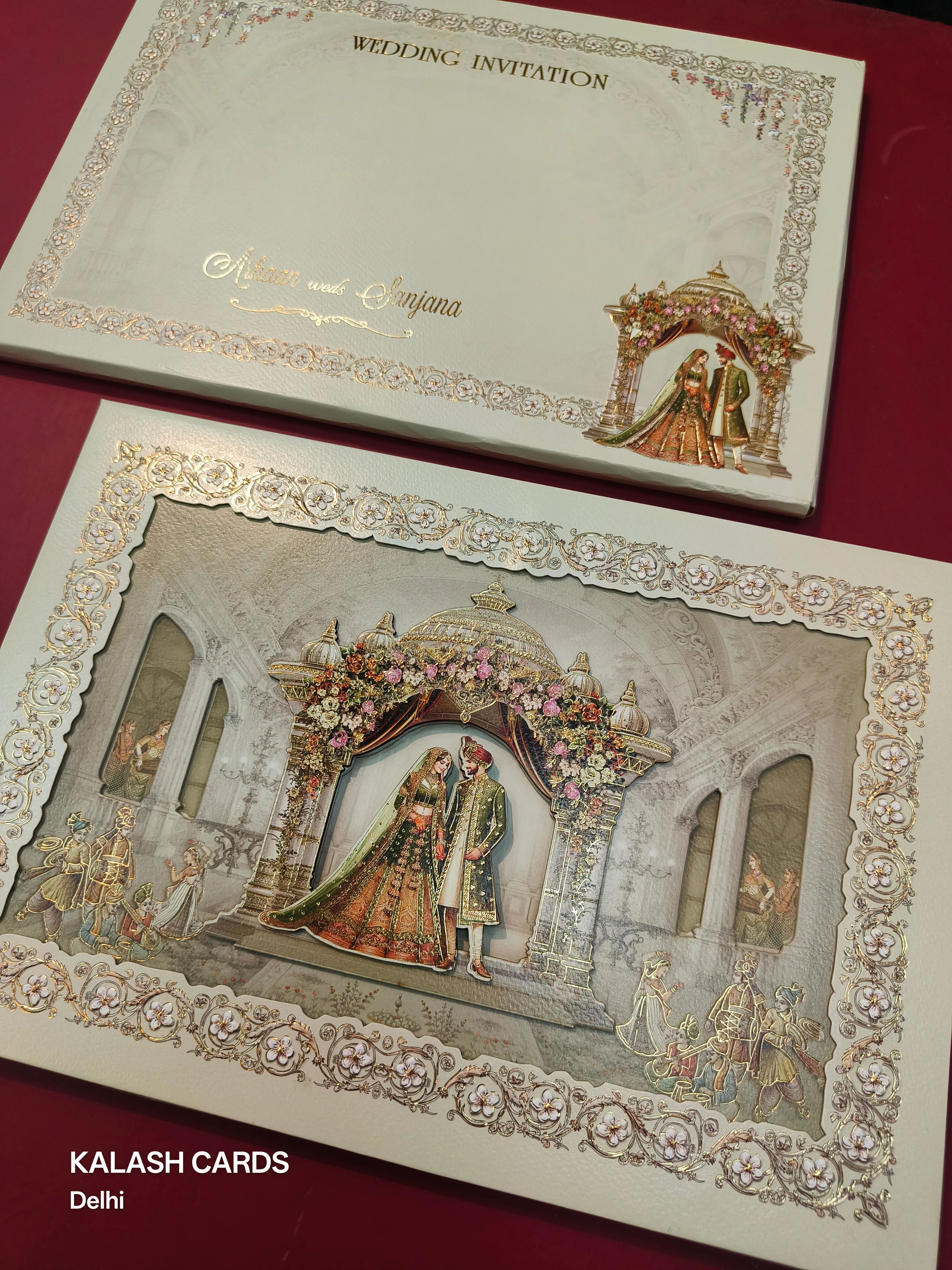 KLB529 Pastel Green Raja Rani Theme Laser Cut Work Hardboard Padding Thick Wedding Card (2 Thick Page) - Image 3