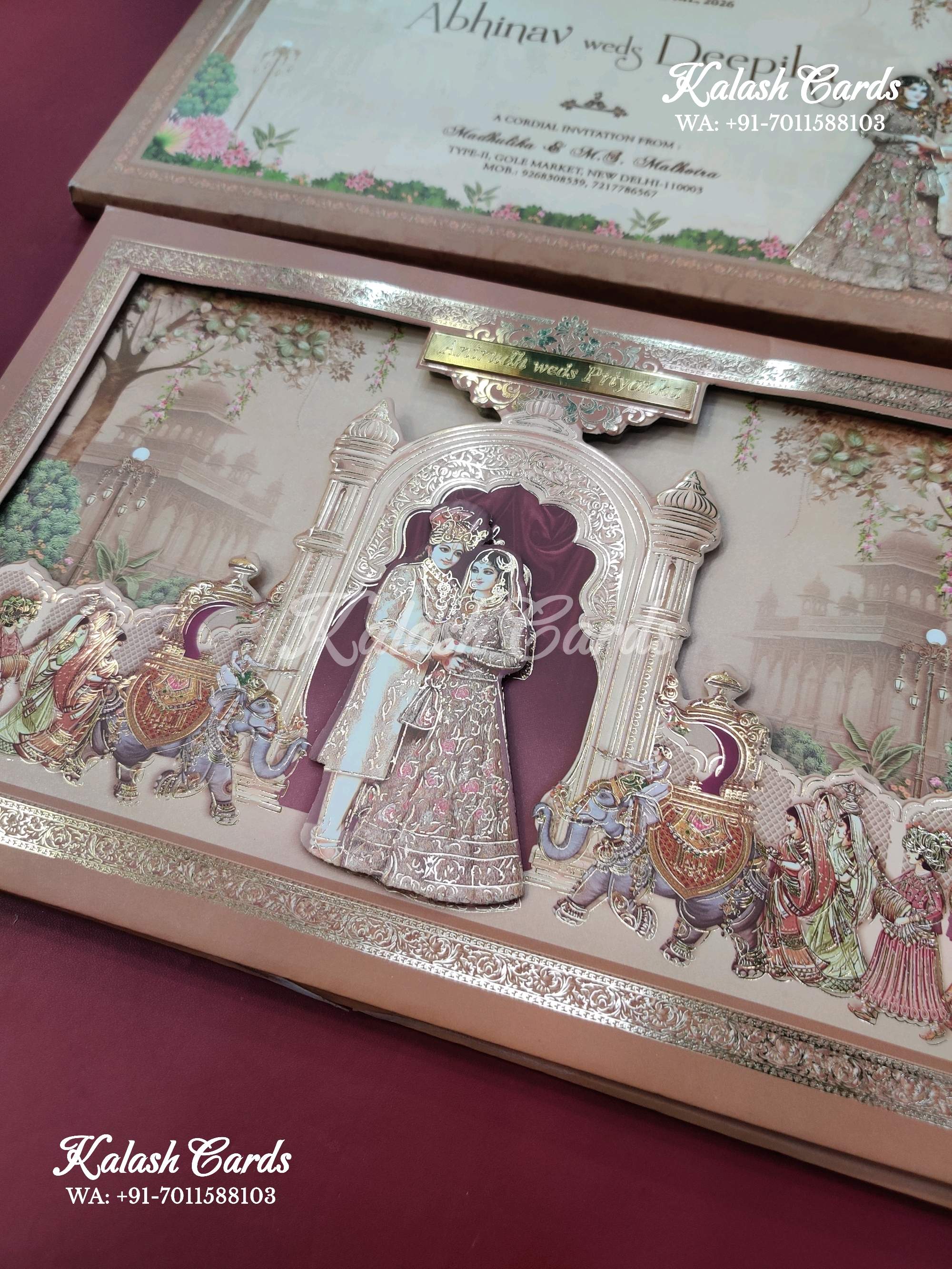 KLB634 Traditional Indian Barat Padding Hardboard Thick Wedding Card (2 Page & Couple Name Acrylic Plate) - Image 4